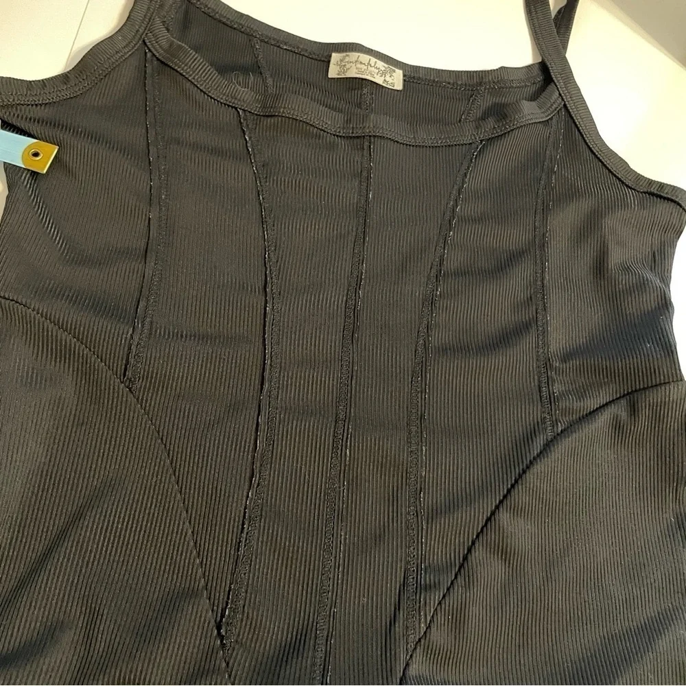 Free People Intimately Black Ribbed Thong Back Bodysuit Front Detail Size Small